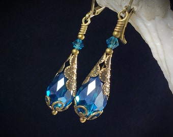 Peacock Blue Victorian Earrings, Blue Zircon Gothic, Dark Aqua Steampunk Teal Edwardian Bridal Antique Gold Bronze Titanic Temptations 24009