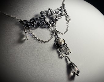 White Rose Victorian Necklace, Ribbons and Roses, Crystal Teardrop Edwardian, Gothic Gunmetal Drop, Antique Silver Titanic Temptations 21009