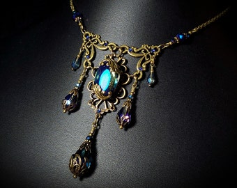 Peacock Blue Victorian Choker, Blue Green Edwardian, Bermuda Blue Gothic Aqua Purple Steampunk Antique Gold Bronze Titanic Temptations 22005