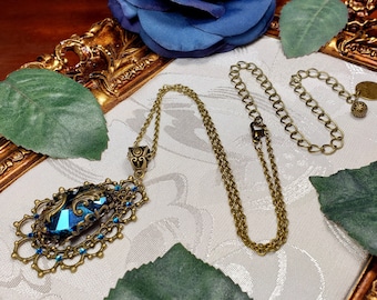 Peacock Blue Victorian Necklace, Metallic Blue Gothic Pendant, Teal Blue Green Edwardian Drop, Antique Gold Bronze Titanic Temptations 21003