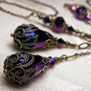 Metallic Purple Victorian Necklace, Amethyst Edwardian Choker, Antique Gold Bronze, Double Drop, Crystal Teardrop, Titanic Temptations 13007
