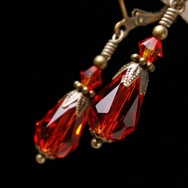 Red Flame Victorian Earrings, Orange Fire Opal Teardrop, Crimson Gothic Dangle, Scarlet Edwardian, Antique Gold Bronze, Titanic Temptations