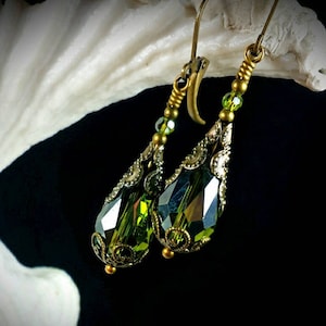 Peridot Green Gothic Earrings, Olivine Victorian Drop, Lime Teardrop Steampunk Olive Edwardian Antique Gold Bronze Titanic Temptations 18001 image 1