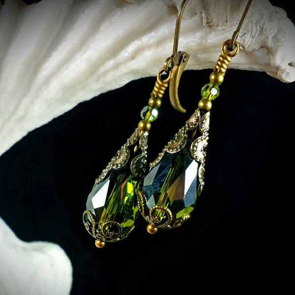 Peridot Green Gothic Earrings, Olivine Victorian Drop, Lime Teardrop Steampunk Olive Edwardian Antique Gold Bronze Titanic Temptations 18001