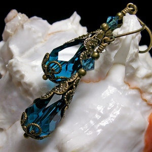 Peacock Blue Victorian Earrings, Blue Zircon Gothic, Dark Aqua Steampunk Teal Edwardian Bridal Antique Gold Bronze Titanic Temptations 11009 image 3