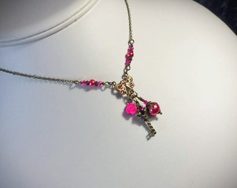 Crown Key Princess Necklace, Flower Girl Rose Choker, Hot Pink Pearl, Fuchsia Victorian Pendant, Dark Pink Rosebud Titanic Temptations 18004