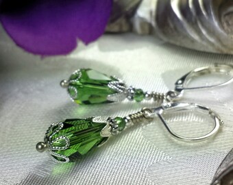 Tourmaline Green Victorian Earrings, Sage Lime Green Crystal Edwardian Bridal Drops, Antiqued Silver Filigree, Titanic Temptations 14007