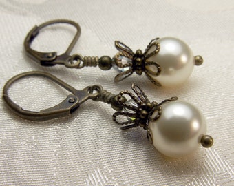 White Crystal Pearl Victorian Earrings, Cream Pearl Drop, Edwardian Bridal, Ivory Gothic Pearl Antique Gold Bronze Titanic Temptations 13028