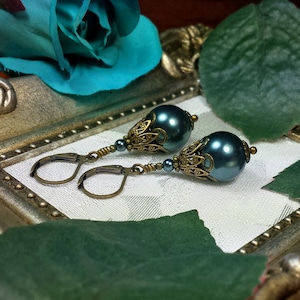 Blue Green Crystal Pearl Victorian Earrings, Gothic Peacock Pearl, Edwardian Bridal, Steampunk Antique Gold Bronze Titanic Temptations 18009