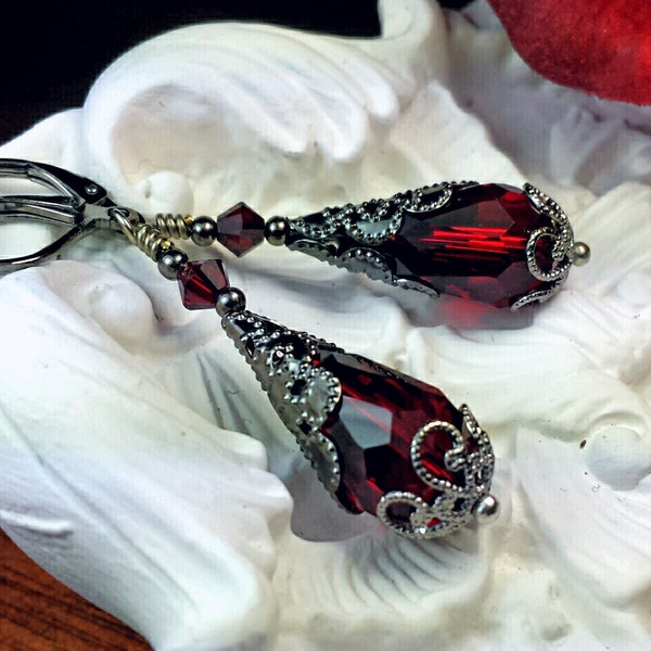 Ox Blood Red Silver Gothic Earrings, Garnet Victorian, Crimson Steampunk, Dark Red Gunmetal, Scarlet Edwardian, Titanic Temptations 15027