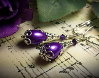 Purple Pearl Drop Victorian Earrings, Silver Clip On Clasp, Edwardian Bridal Teardrop, Steampunk Antique Silver, Titanic Temptations 13009