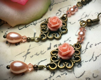 Peach Pink Rose Victorian Earrings, Orange Flower Pearl Edwardian Bridal Dangle Drops, Antiqued Bronze Filigree, Titanic Temptations Jewelry