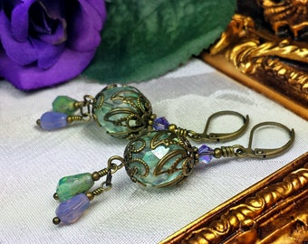 Purple Green Victorian Earrings, Tanzanite Edwardian Drops, Tourmaline Gothic, Sage Steampunk, Antiqued Bronze, Titanic Temptations 17008