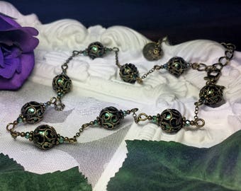 Dark Green Pearl Victorian Choker, Forest Green Edwardian, Hunter Green Gothic Pearl, Antique Gold Bronze Filigree Titanic Temptations 14008