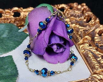 Metallic Blue Victorian Bracelet, Gothic Peacock, Royal Blue Edwardian Bridal, Midnight Blue, Antique Gold Bronze Titanic Temptations 12002