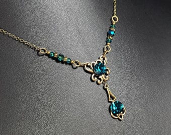 Blue Zircon Victorian Choker, Peacock Green, Gothic Aqua Turquoise Blue, Edwardian Bridal Teal Antique Gold Bronze Titanic Temptations 17016