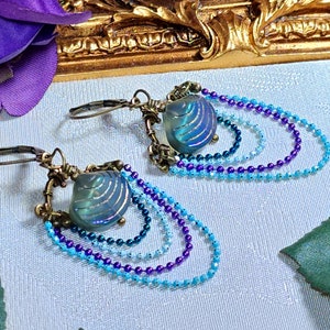 Aqua Blue Purple Victorian Earrings, Pearlized Seashell Charms Steampunk Mermaid Under the Sea Antique Gold Bronze Titanic Temptations 22006 image 8
