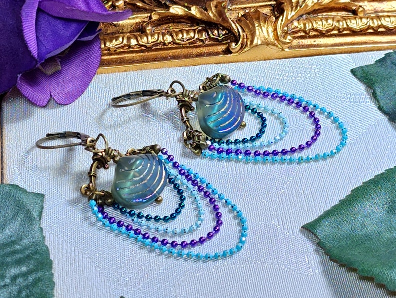 Aqua Blue Purple Victorian Earrings, Pearlized Seashell Charms Steampunk Mermaid Under the Sea Antique Gold Bronze Titanic Temptations 22006 image 8