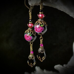 Dark Pink Rose Victorian Earrings, Pink Rosebud, Burgundy Gothic Rose, Ruby Edwardian Floral, Antique Gold Bronze, Titanic Temptations 22008 image 7