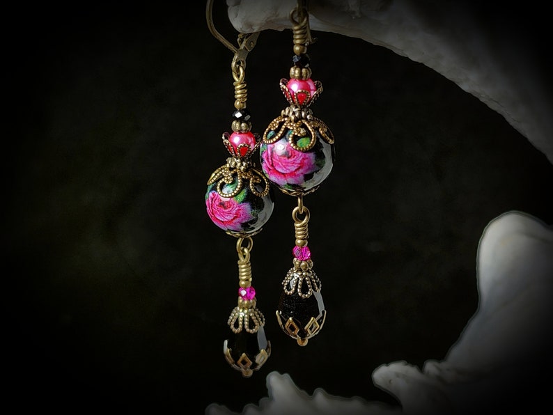 Dark Pink Rose Victorian Earrings, Pink Rosebud, Burgundy Gothic Rose, Ruby Edwardian Floral, Antique Gold Bronze, Titanic Temptations 22008 image 7