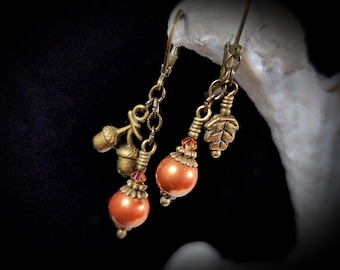 Small Acorn Charm, Victorian Earrings, Oak Leaf, Autumn Orange, Copper Brown Crystal Pearl, Antique Gold Bronze, Titanic Temptations 12035