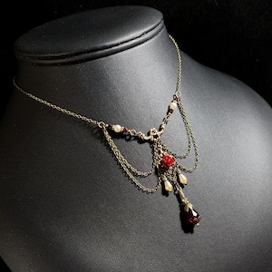 Blood Red Rose Victorian Choker, Gothic Crimson Rose, Ivory Pearl Chandelier, Edwardian Bridal Antique Gold Bronze Titanic Temptations 19010