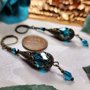 Peacock Blue Victorian Earrings, Teal Green Gothic Teardrop, Blue Zircon Edwardian Bridal, Antique Gold Bronze, Titanic Temptations 24001 image 9