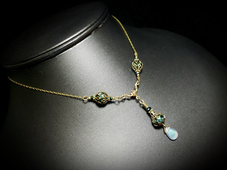 Peacock Green Victorian Necklace, Aqua Blue Green Metallic Edwardian, Teal Gothic, Antique Gold Bronze Steampunk Titanic Temptations 21005 image 6