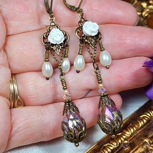 White Rose Victorian Earrings, Pink Teardrop Gothic Chandelier, Ivory Pearl Edwardian Bridal, Antique Gold Bronze, Titanic Temptations 18019 image 4