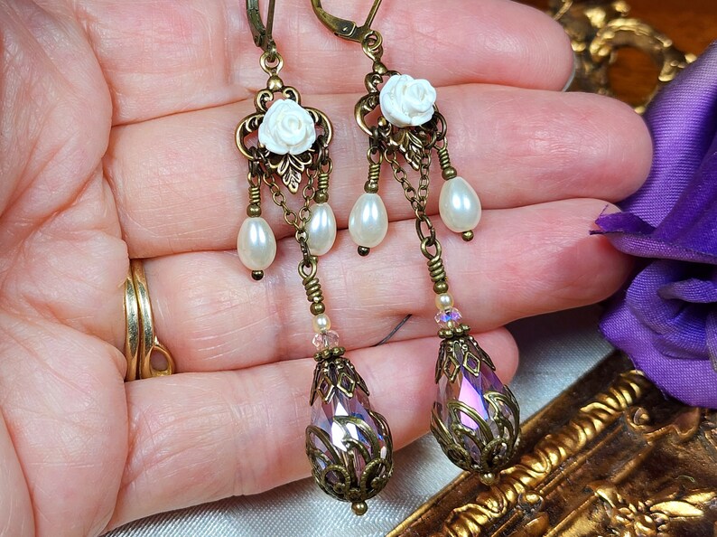 White Rose Victorian Earrings, Pink Teardrop Gothic Chandelier, Ivory Pearl Edwardian Bridal, Antique Gold Bronze, Titanic Temptations 18019 image 4