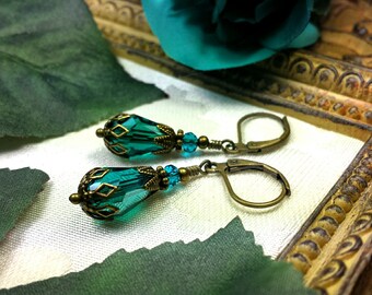 Peacock Blue Green Gold Victorian Steampunk Earrings, Emerald Green Teal Steampunk Drops, Antique Brass Filigree Titanic Temptations 17020