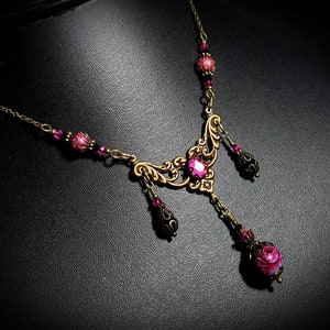 Dark Pink Rose Victorian Choker, Fuchsia Black Gothic, Hot Pink Rosebud Edwardian Bridal, Antique Gold Bronze, Titanic Temptations 22008 image 1