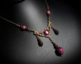 Dark Pink Rose Victorian Choker, Fuchsia Black Gothic, Hot Pink Rosebud Edwardian Bridal, Antique Gold Bronze, Titanic Temptations 22008