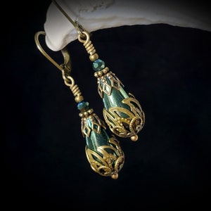 Green Teardrop Victorian Earrings, Olive Green Edwardian, Forest Green Gothic Drop, Antique Gold Bronze Steampunk, Titanic Temptations 21008 image 8