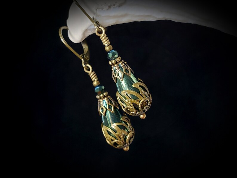 Green Teardrop Victorian Earrings, Olive Green Edwardian, Forest Green Gothic Drop, Antique Gold Bronze Steampunk, Titanic Temptations 21008 image 8