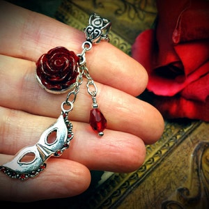 Phantom of the Opera Blood Red Rose Silver Pendant Necklace, Gothic Victorian Steampunk Garnet Rosebud Mask Charm, Titanic Temptations 16007 image 2