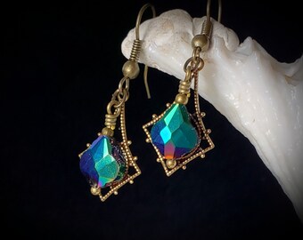 Metallic Green Victorian Earrings, Blue Green Crystal Edwardian Drop, Purple Gothic Dangle Antique Gold Bronze Steampunk Titanic Temptations