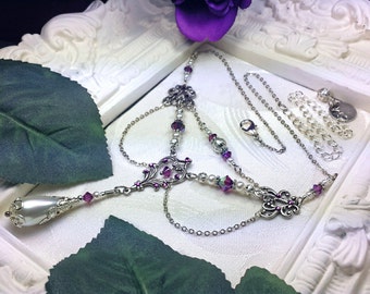 Lustrous White Pearl Victorian Choker, Amethyst Purple Crystal Ivory Shell Pearl Teardrop Edwardian Antique Silver Titanic Temptations 16021