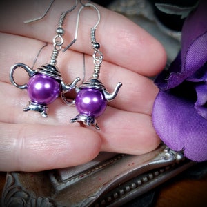 Purple Pearl Teapot Earrings, Tiny Silver Teapot, Miniature Teapots, Victorian Teapot Charms, Amethyst Pearls, Titanic Temptations 21012 image 9