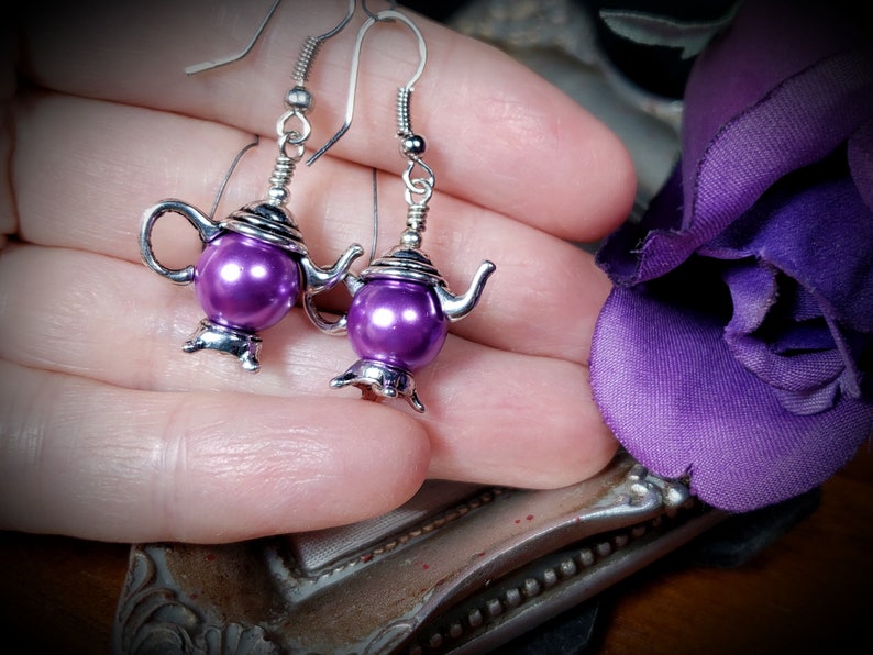 Purple Pearl Teapot Earrings, Tiny Silver Teapot, Miniature Teapots, Victorian Teapot Charms, Amethyst Pearls, Titanic Temptations 21012 image 9