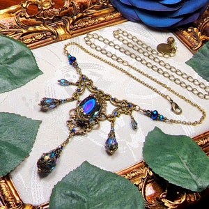 Peacock Blue Victorian Choker, Blue Green Edwardian, Bermuda Blue Gothic Aqua Purple Steampunk Antique Gold Bronze Titanic Temptations 22005 image 2