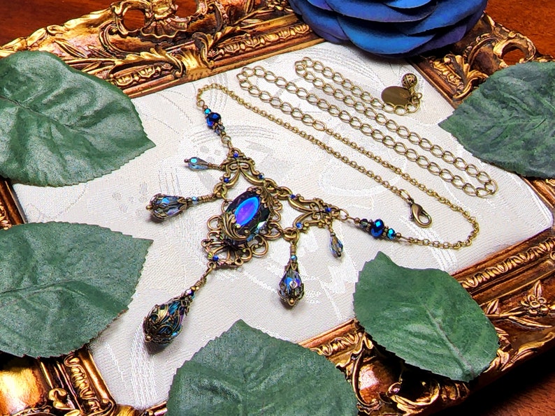 Peacock Blue Victorian Choker, Blue Green Edwardian, Bermuda Blue Gothic Aqua Purple Steampunk Antique Gold Bronze Titanic Temptations 22005 image 2