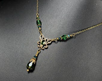 Pine Green Victorian Choker, Tourmaline Gothic, Peridot Edwardian Bridal, Erinite, Antique Gold Bronze, Sage, Lime, Titanic Temptation 25003