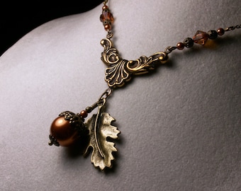 Acorn Oak Leaf Charm, Victorian Necklace, Copper Brown Crystal Pearl, Orange Autumn, Edwardian Acorn Drop Choker, Titanic Temptations 12035