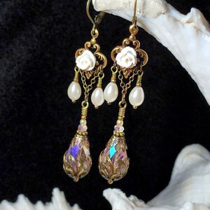 White Rose Victorian Earrings, Pink Teardrop Gothic Chandelier, Ivory Pearl Edwardian Bridal, Antique Gold Bronze, Titanic Temptations 18019 image 3
