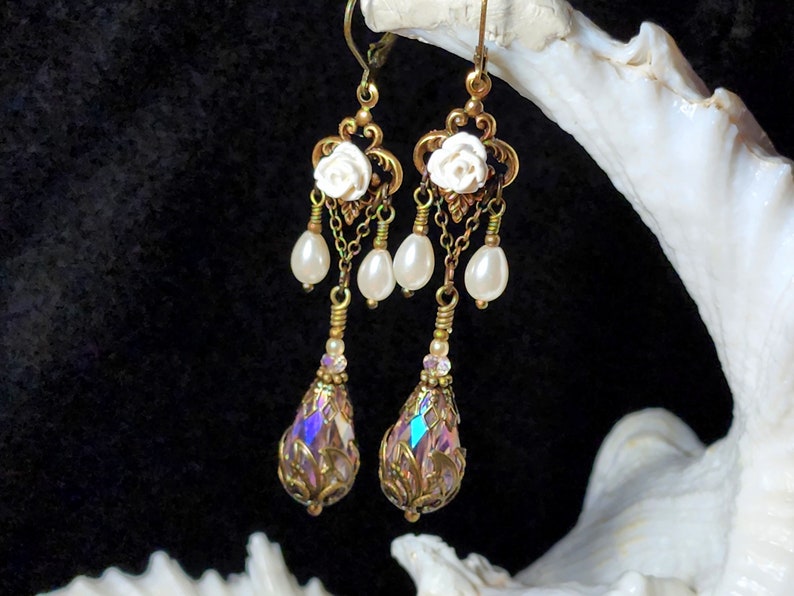 White Rose Victorian Earrings, Pink Teardrop Gothic Chandelier, Ivory Pearl Edwardian Bridal, Antique Gold Bronze, Titanic Temptations 18019 image 3