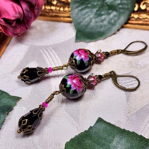 Dark Pink Rose Victorian Earrings, Pink Rosebud, Burgundy Gothic Rose, Ruby Edwardian Floral, Antique Gold Bronze, Titanic Temptations 22008 image 1