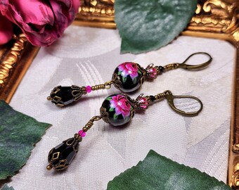 Dark Pink Rose Victorian Earrings, Pink Rosebud, Burgundy Gothic Rose, Ruby Edwardian Floral, Antique Gold Bronze, Titanic Temptations 22008