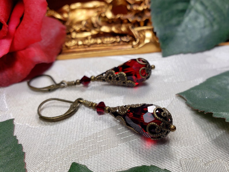 Blood Red Bronze Gothic Earrings, Dark Crimson Red Victorian Drops, Garnet Edwardian, Antique Gold Brass Steampunk Titanic Temptations 12019 image 6