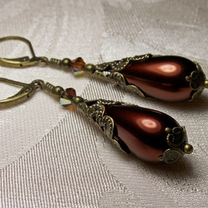 Chocolate Pearl Earrings, Victorian Pearls, Brown Pearl Drops, Gothic Teardrops, Edwardian Pearls, Antique Bronze, Titanic Temptations 12033 image 3